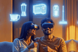 A couple sits on a couch in a warmly lit room, engaged in conversation with glowing icons representing kitchen appliances above them.
