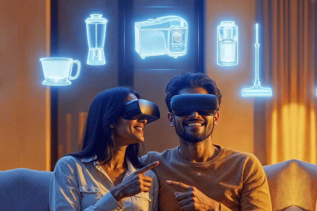 A couple sits on a couch in a warmly lit room, engaged in conversation with glowing icons representing kitchen appliances above them.