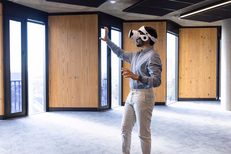 person interacting with VR in modern office space