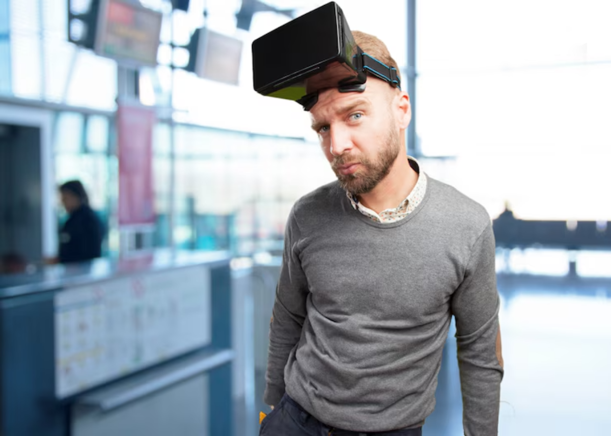 A person wearing a virtual reality headset stands indoors, with a bright, modern station in the background.