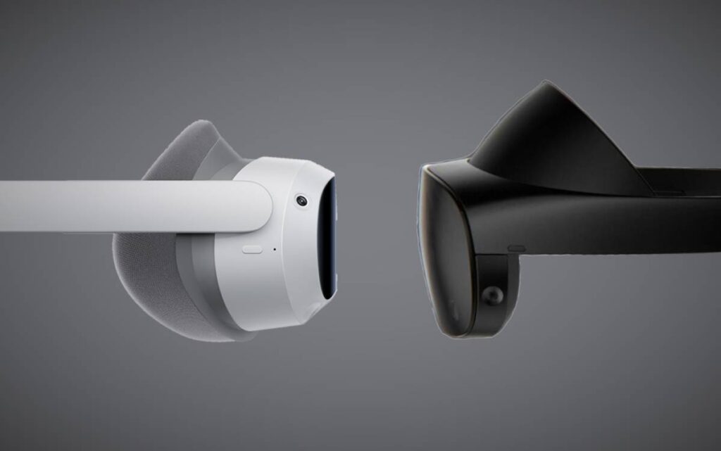 Close-up of a white and a black VR headset side by side, showcasing their design features against a dark background.