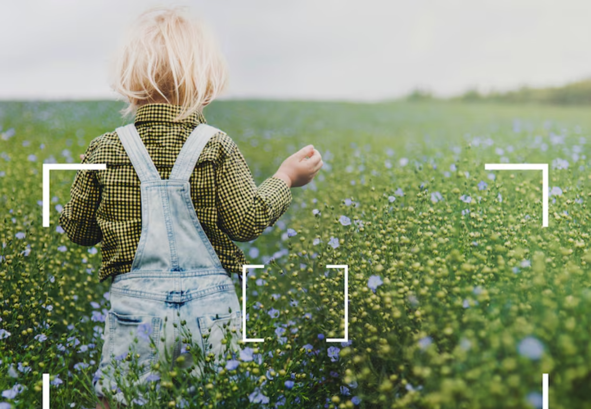 A child in overalls wanders through a field of blue flowers, framed by a camera overlay.