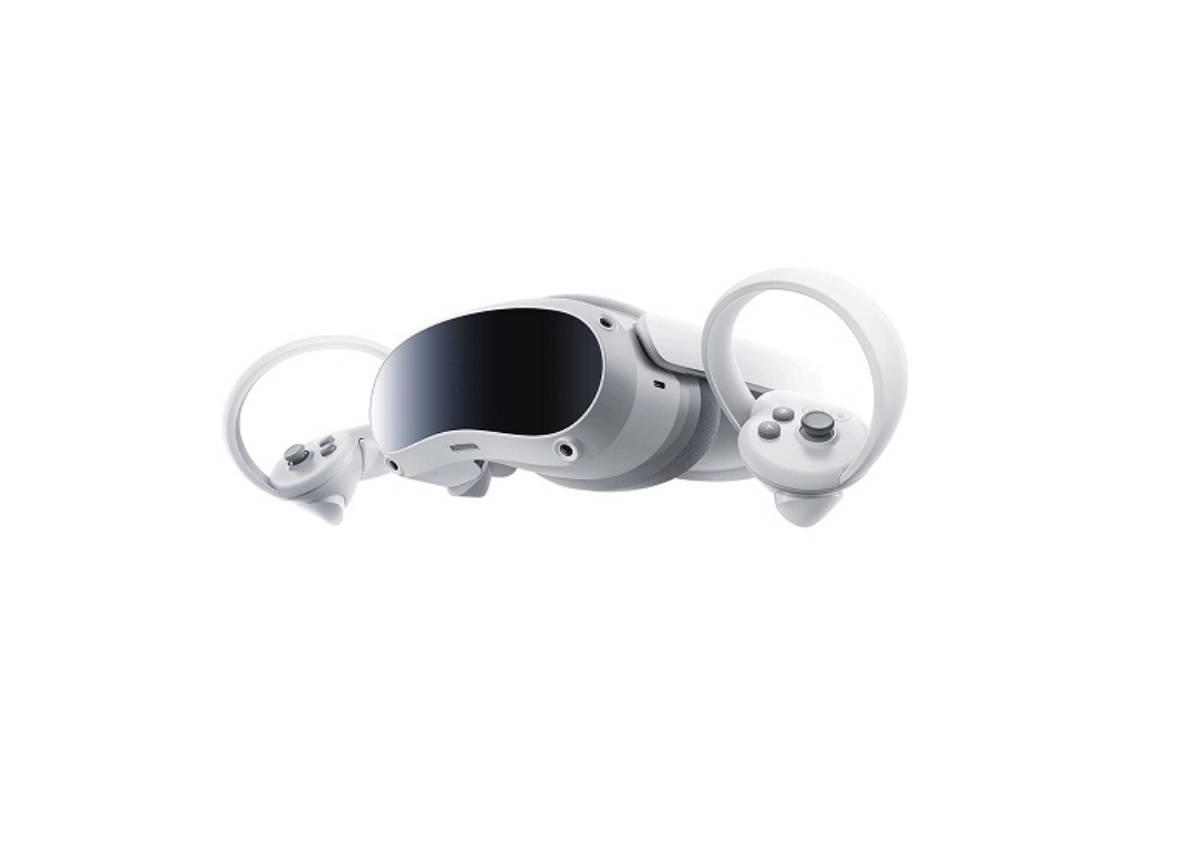 A sleek, white virtual reality headset with round controllers on either side, featuring a dark visor and minimalist design.