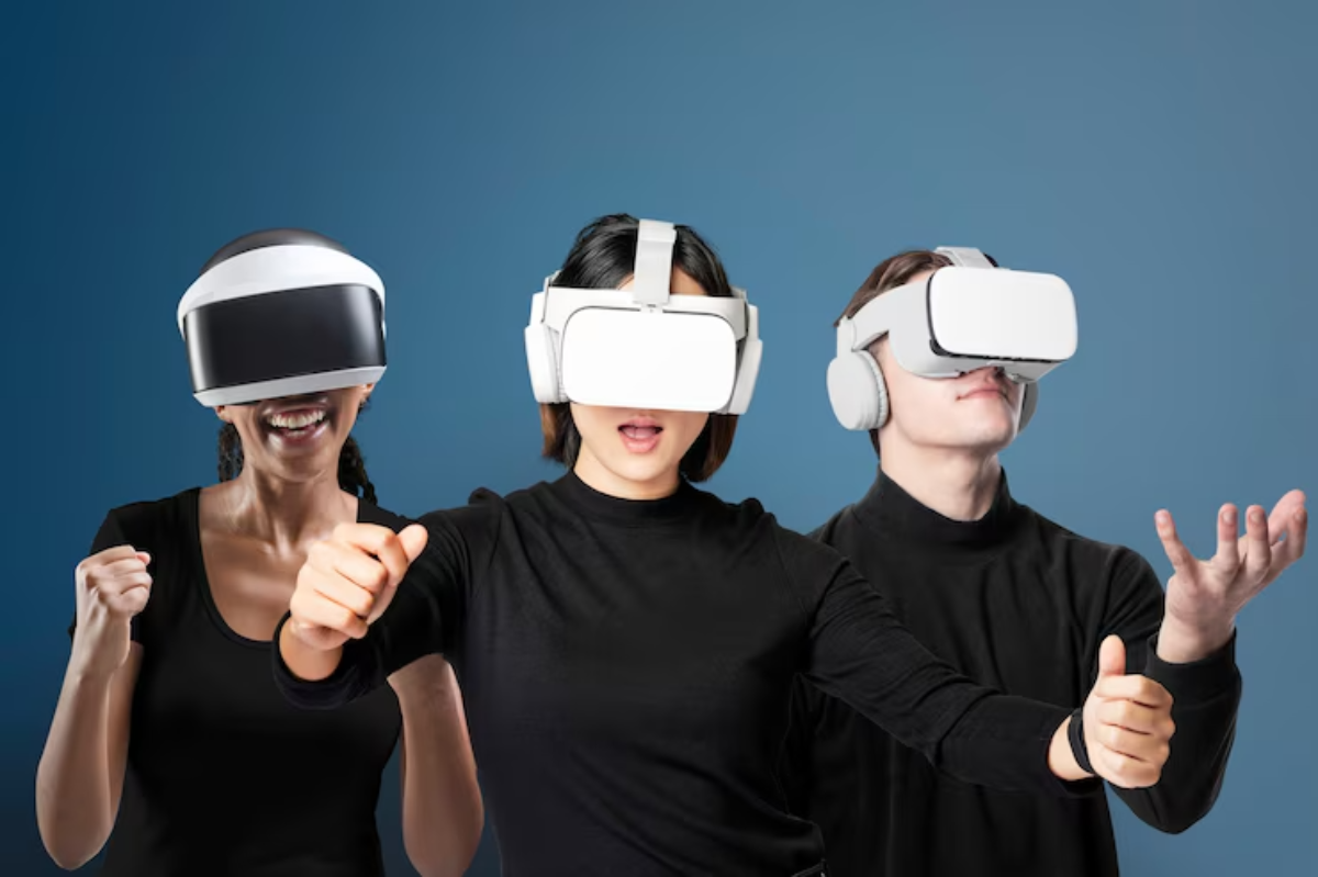 Three individuals wearing various VR headsets, engaging with excitement in a gaming or virtual reality environment, against a blue background.