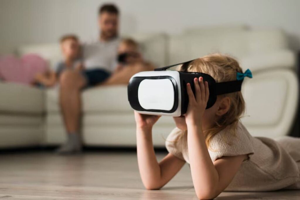 A young girl lies on the floor, immersed in a virtual reality headset, while family members relax on a couch in the background.
