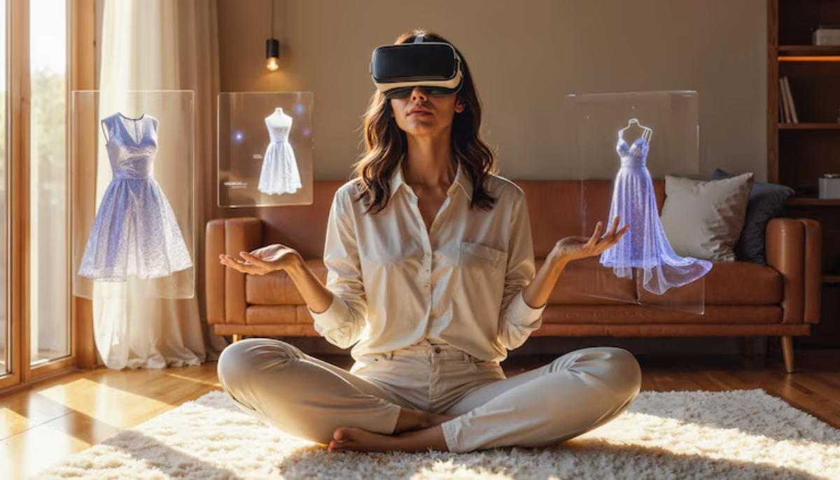 A woman wearing a VR headset sits cross-legged, balancing holographic images of dresses in a warmly lit living room.