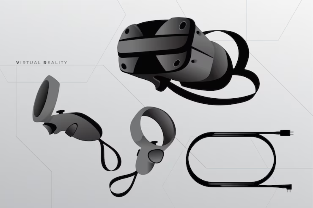 A virtual reality headset with controllers and cable, set against a minimalist background labeled 