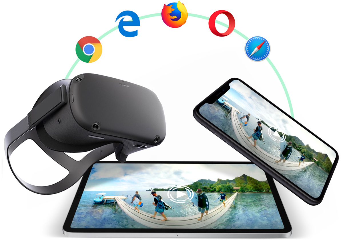 A VR, Smartphone and tablet with different browsers logo over them
